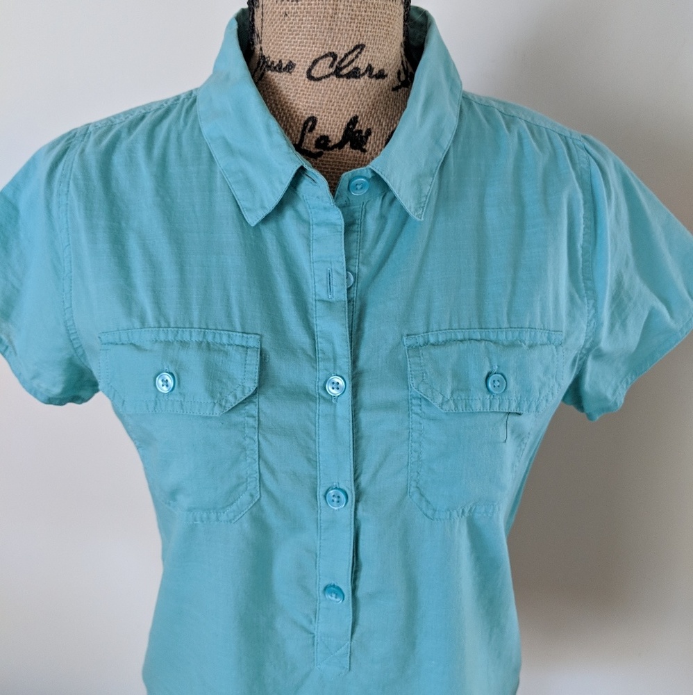 Prana blouse top short sleeve teal size medium